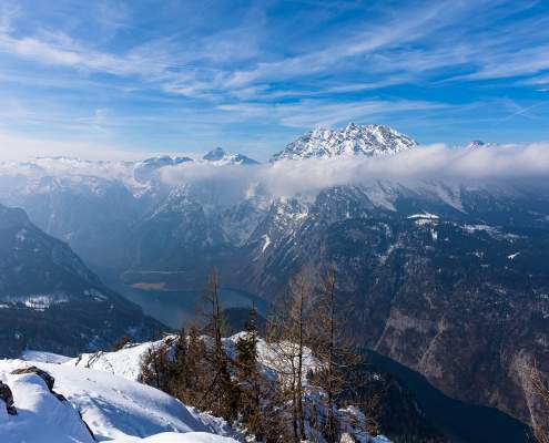 Blick vom Jenner über den Königssee auf den schneebedeckten Watzmann - Fotoreise Berchtesgadener Land - Winter