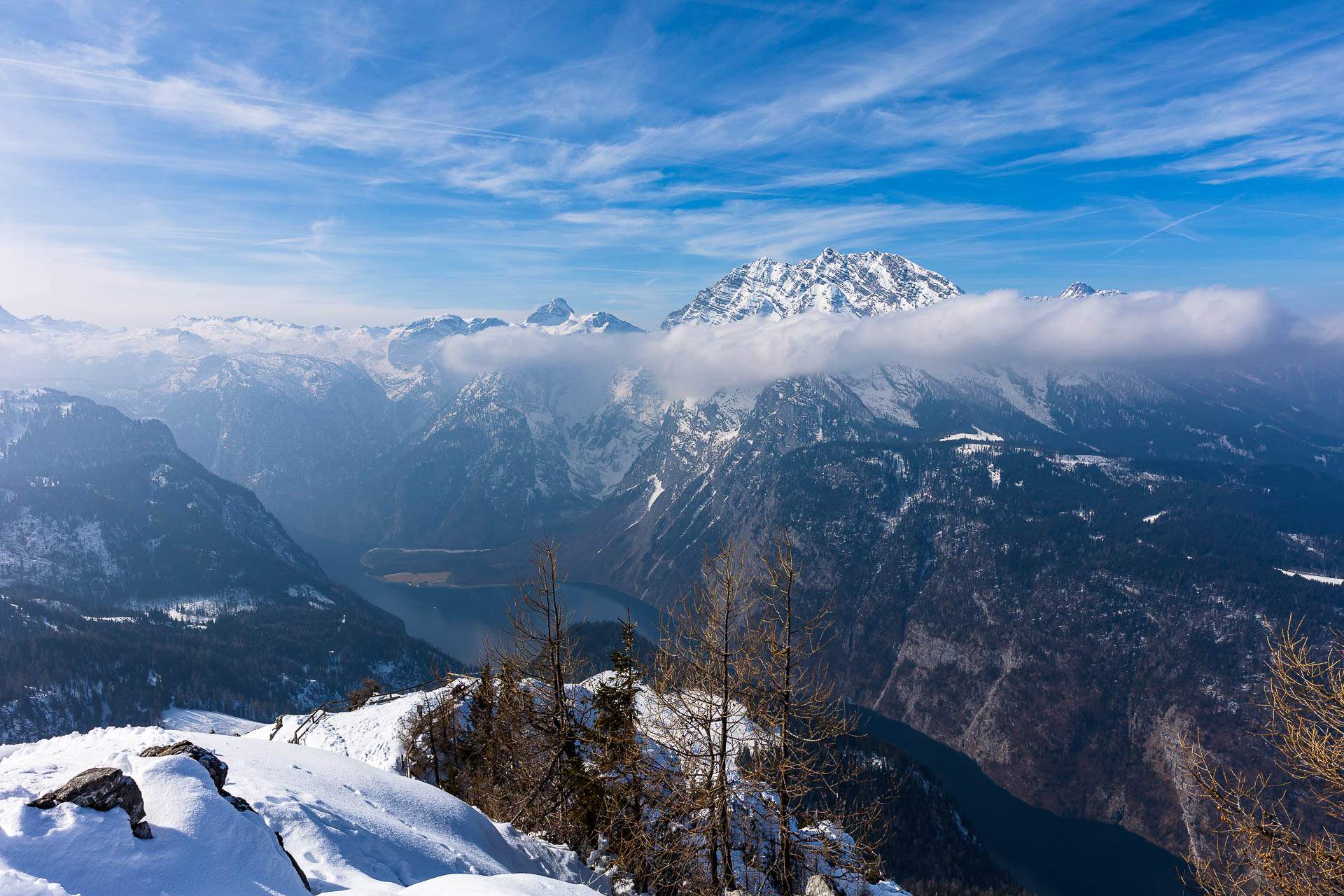 Blick vom Jenner über den Königssee auf den schneebedeckten Watzmann - Fotoreise Berchtesgadener Land - Winter